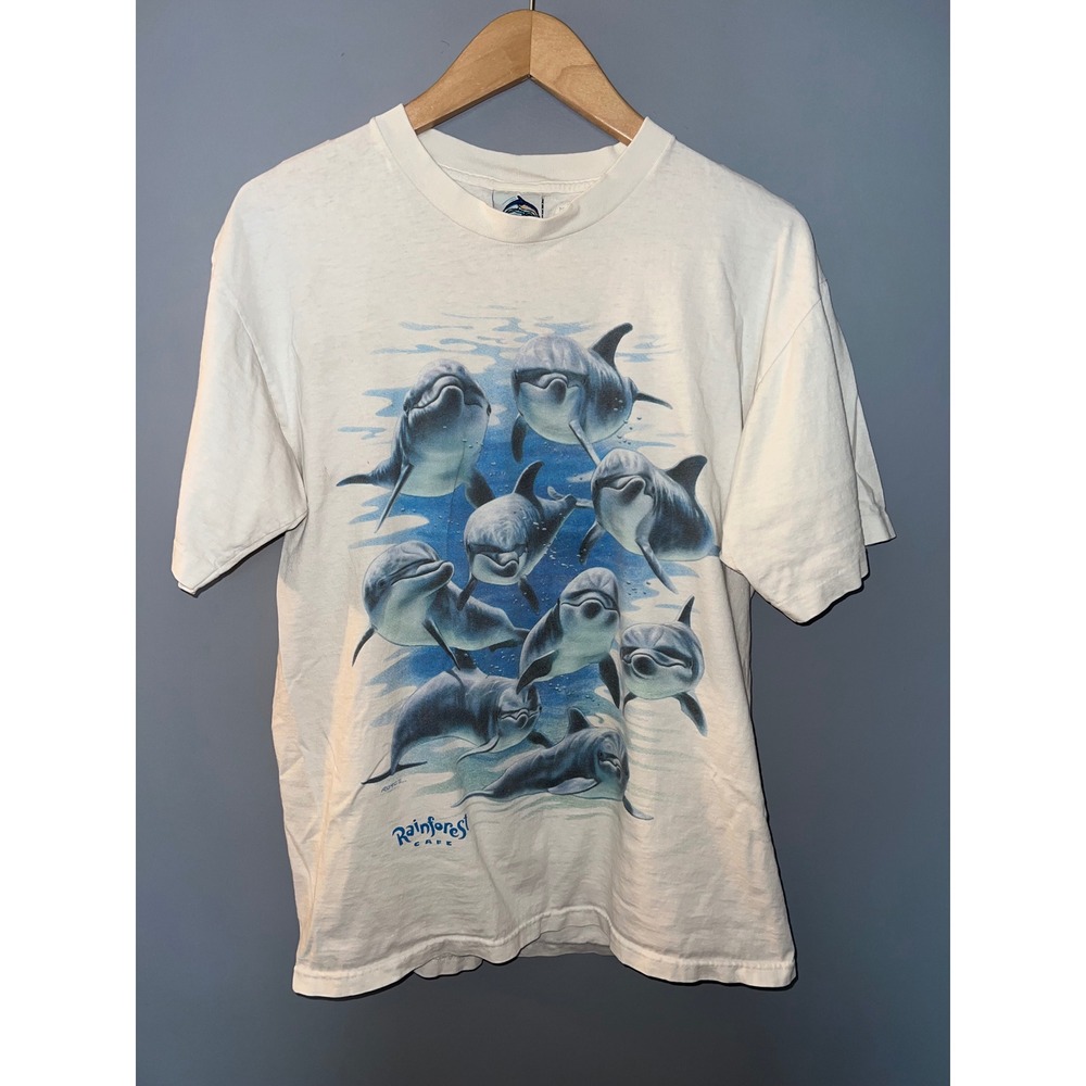 Vintage Rainforest Cafe Dolphin Graphic T-Shirt White 90s Made in USA Large